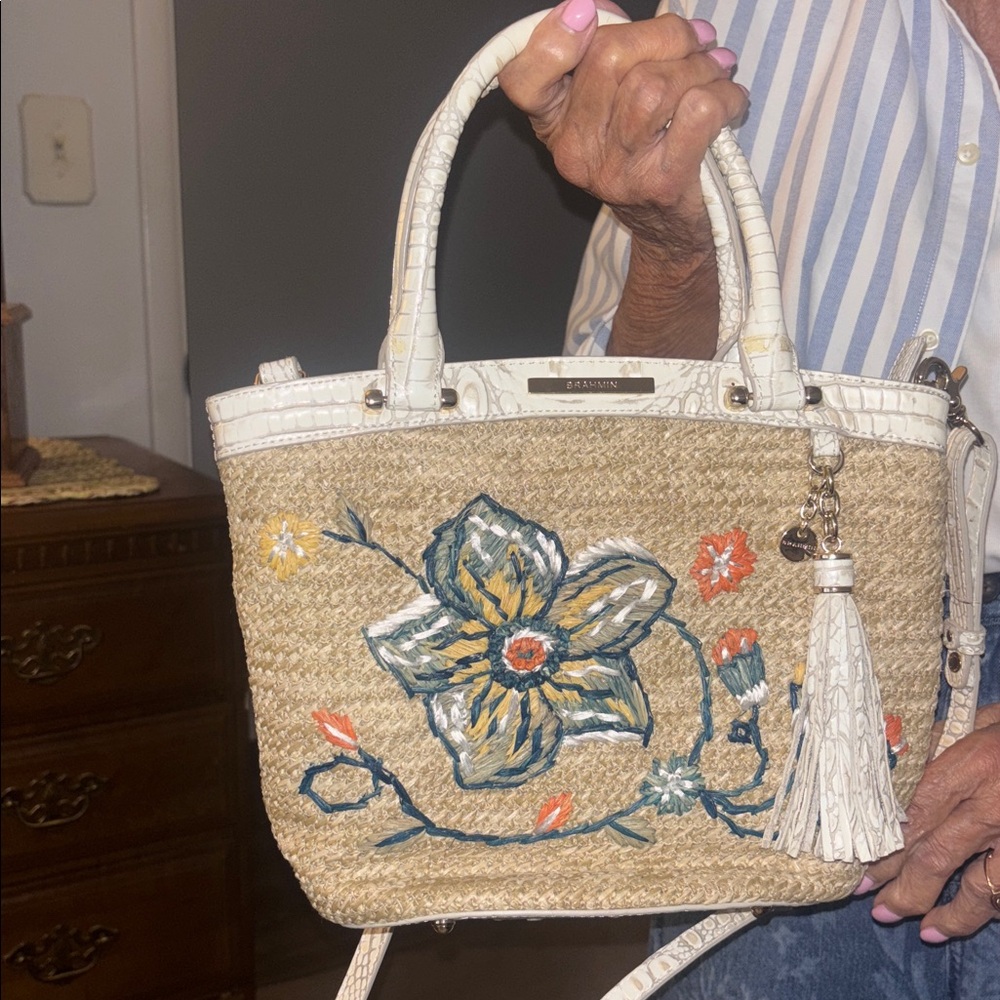 Brahmin Floral Embroidered Straw Handbag with White Accents